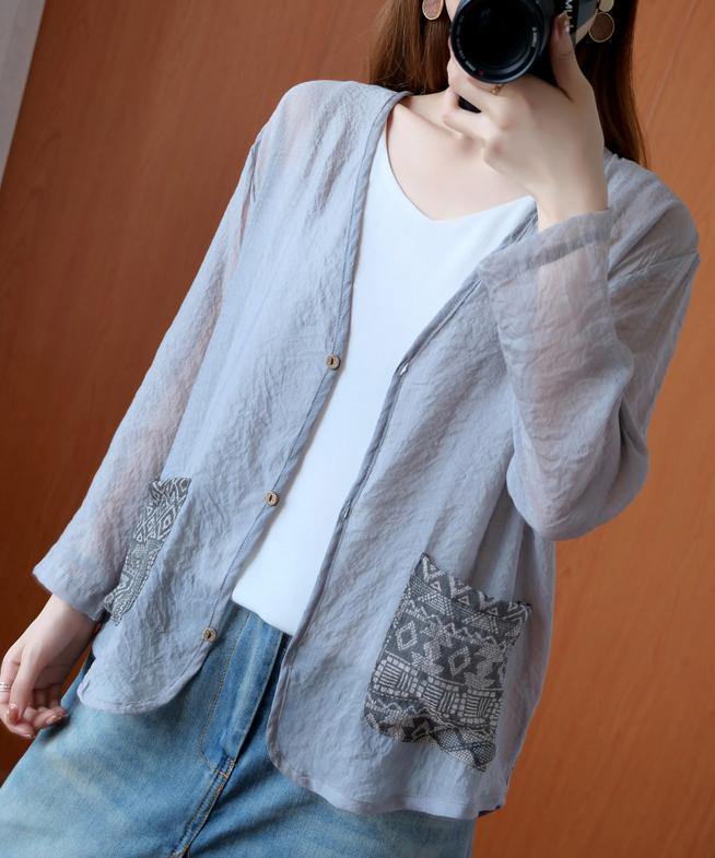 Unique Gray Tops Blouses V Neck Button Down Daily Blouse