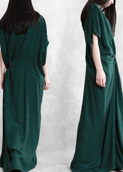 Unique Green Dress O Neck Asymmetric Robe Summer Dress