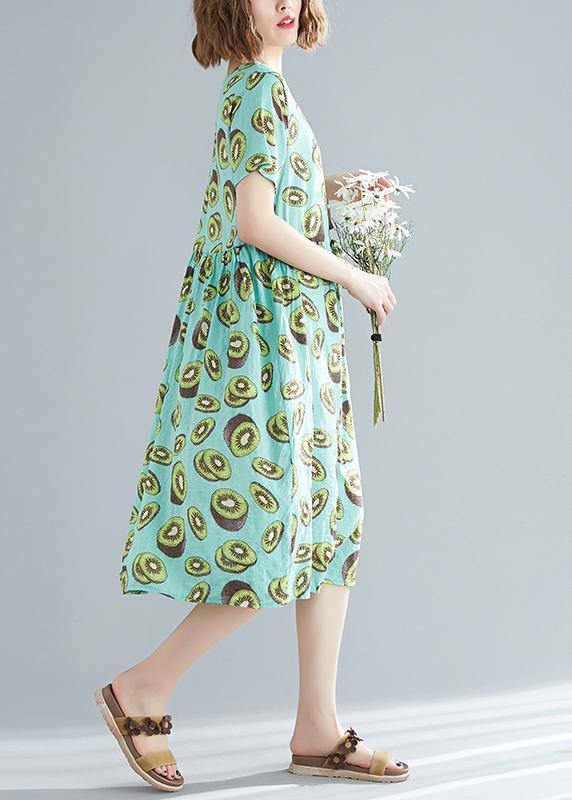 Unique Green Print Linen Clothes Korea Pattern O Neck Drawstring Art Summer Dress
