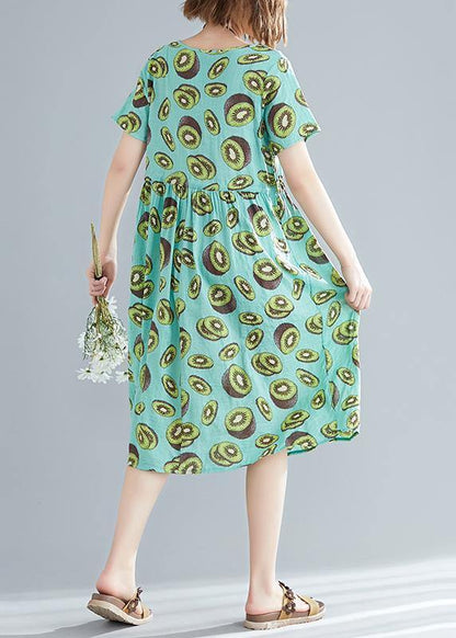 Unique Green Print Linen Clothes Korea Pattern O Neck Drawstring Art Summer Dress