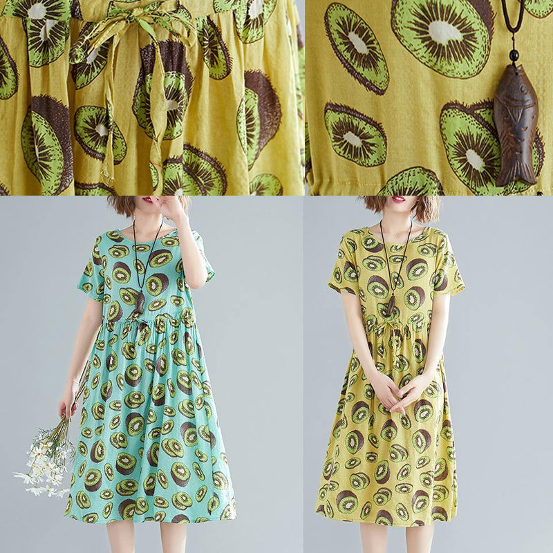 Unique Green Print Linen Clothes Korea Pattern O Neck Drawstring Art Summer Dress