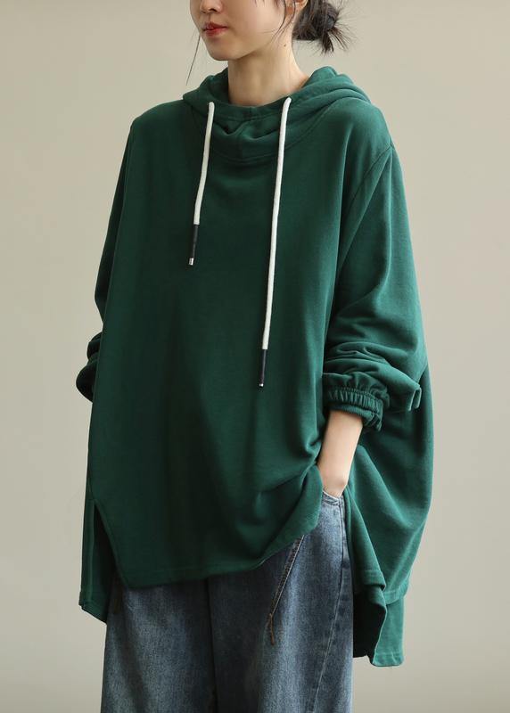 Unique Green Tunic Pattern Hooded Drawstring Clothing Blouses