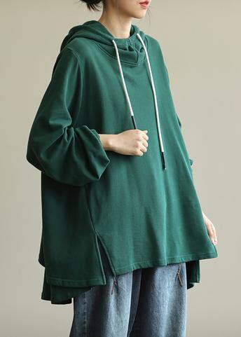 Unique Green Tunic Pattern Hooded Drawstring Clothing Blouses