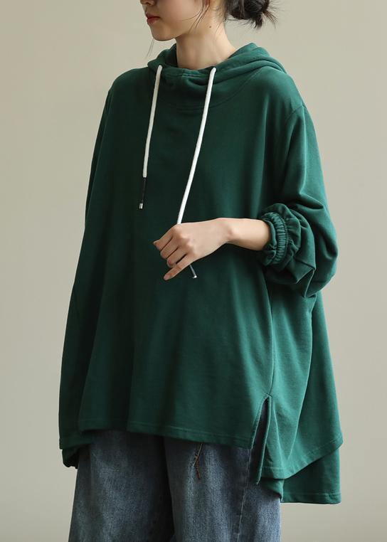 Unique Green Tunic Pattern Hooded Drawstring Clothing Blouses