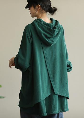 Unique Green Tunic Pattern Hooded Drawstring Clothing Blouses