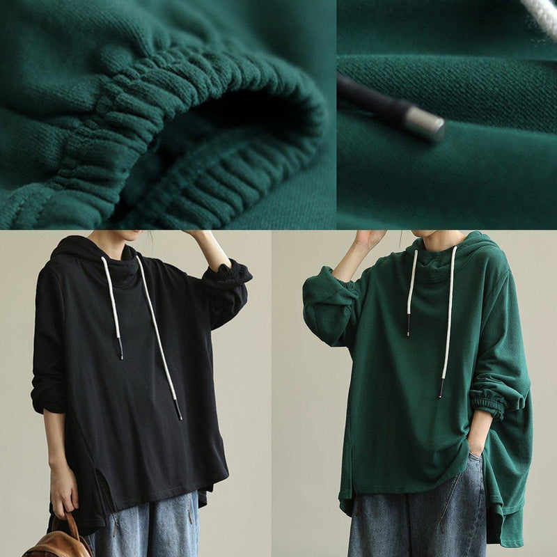 Unique Green Tunic Pattern Hooded Drawstring Clothing Blouses