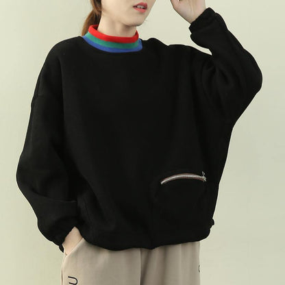Unique high neck patchwork zippered tops women black tunic shirts