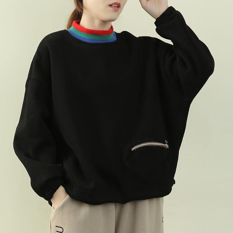 Unique High Neck Patchwork Zippered Tops Black Tunic Shirts