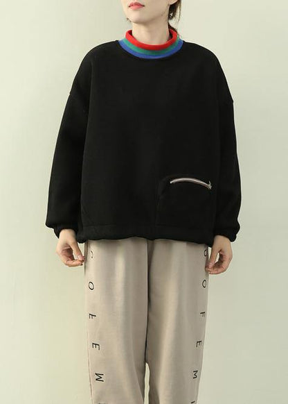 Unique high neck patchwork zippered tops women black tunic shirts