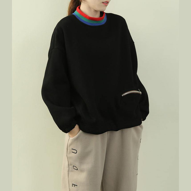 Unique High Neck Patchwork Zippered Tops Black Tunic Shirts
