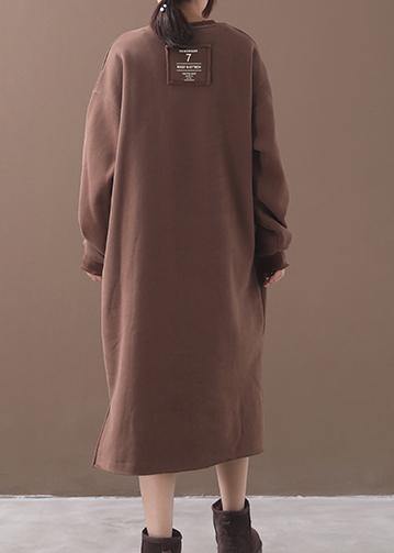 Unique Khaki Cotton Long Shirts Side Open Cotton Robes Alphabet Prints Dress