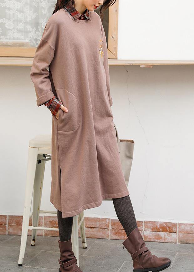Unique Khaki Cotton Clothes O Neck Side Open Dresses