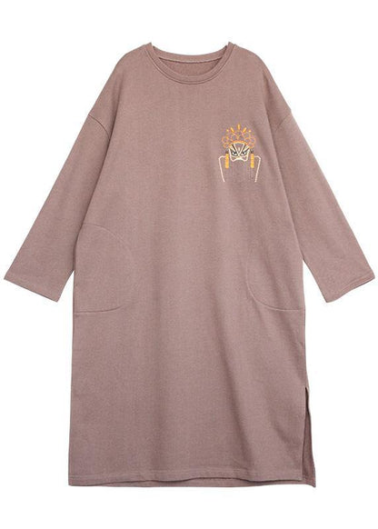 Unique Khaki Cotton Clothes O Neck Side Open Dresses