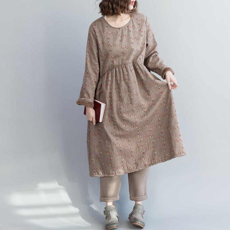 Unique Khaki Linen Cotton Dresses Fine Christmas Gifts Kaftan O Neck Cinched Dress