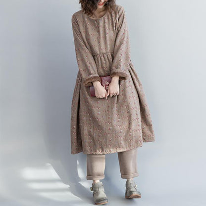 Unique Khaki Linen Cotton Dresses Fine Christmas Gifts Kaftan O Neck Cinched Dress