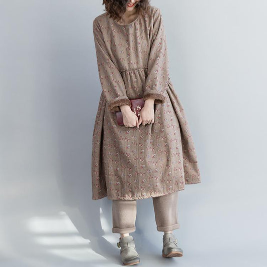Unique Khaki Linen Cotton Dresses Fine Christmas Gifts Kaftan O Neck Cinched Dress