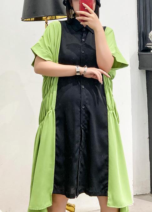 Unique Lapel Cinched Robes Pattern Black Patchwork Green Dress