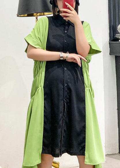 Unique Lapel Cinched Robes Pattern Black Patchwork Green Dress