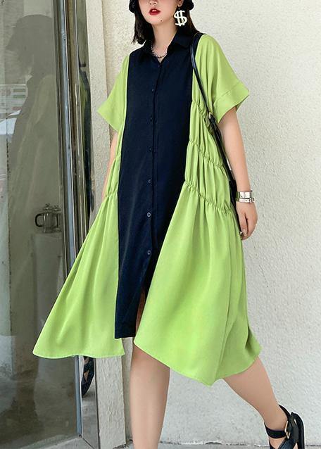 Unique Lapel Cinched Robes Pattern Black Patchwork Green Dress