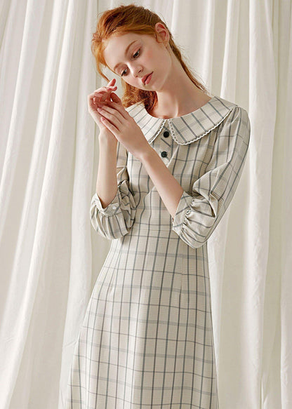 Unique Light Nude Plaid Blended Clothes Ruffles Hem Cotton Robes Fall Dresses