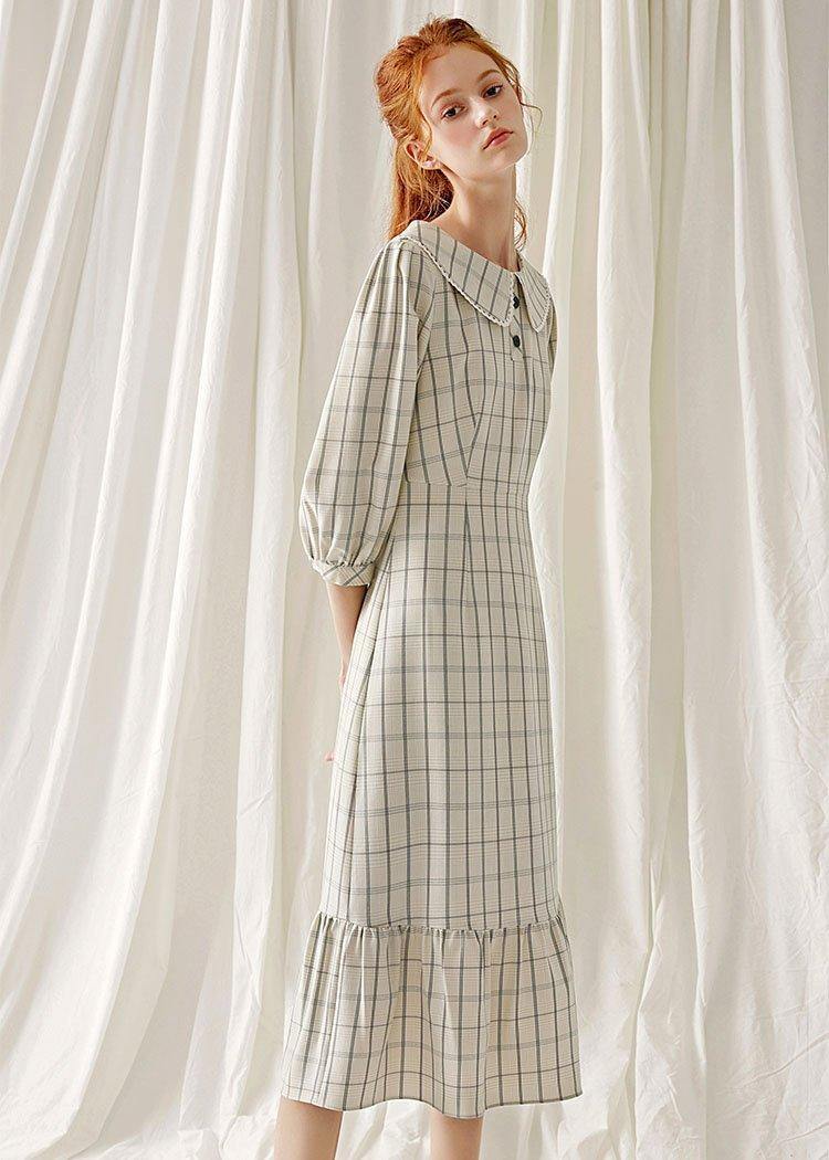 Unique Light Nude Plaid Blended Clothes Ruffles Hem Cotton Robes Fall Dresses