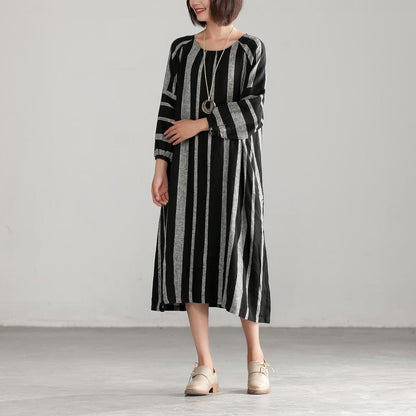 Unique Linen Cotton Quilting Dresses Stylish Black and Gary Stripe Loose Dress