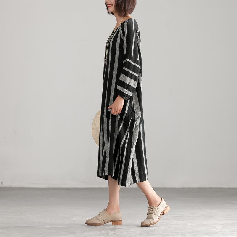 Unique Linen Cotton Quilting Dresses Stylish Black and Gary Stripe Loose Dress