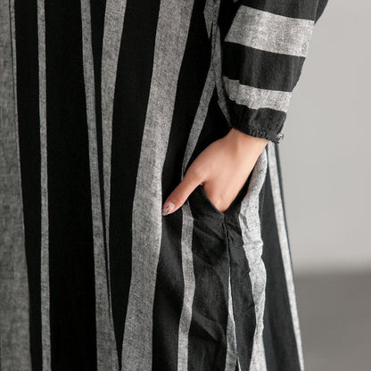 Unique Linen Cotton Quilting Dresses Stylish Black and Gary Stripe Loose Dress