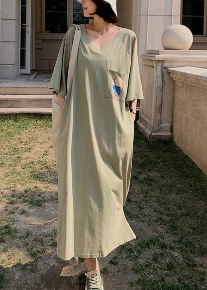 Unique Low High Design Cotton Tunics Wardrobes Army Green V Neck Robe Dresses Summer