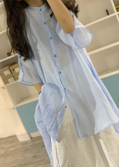 Unique Low High Design Linen Shirt Dress Catwalk Blue Dresses