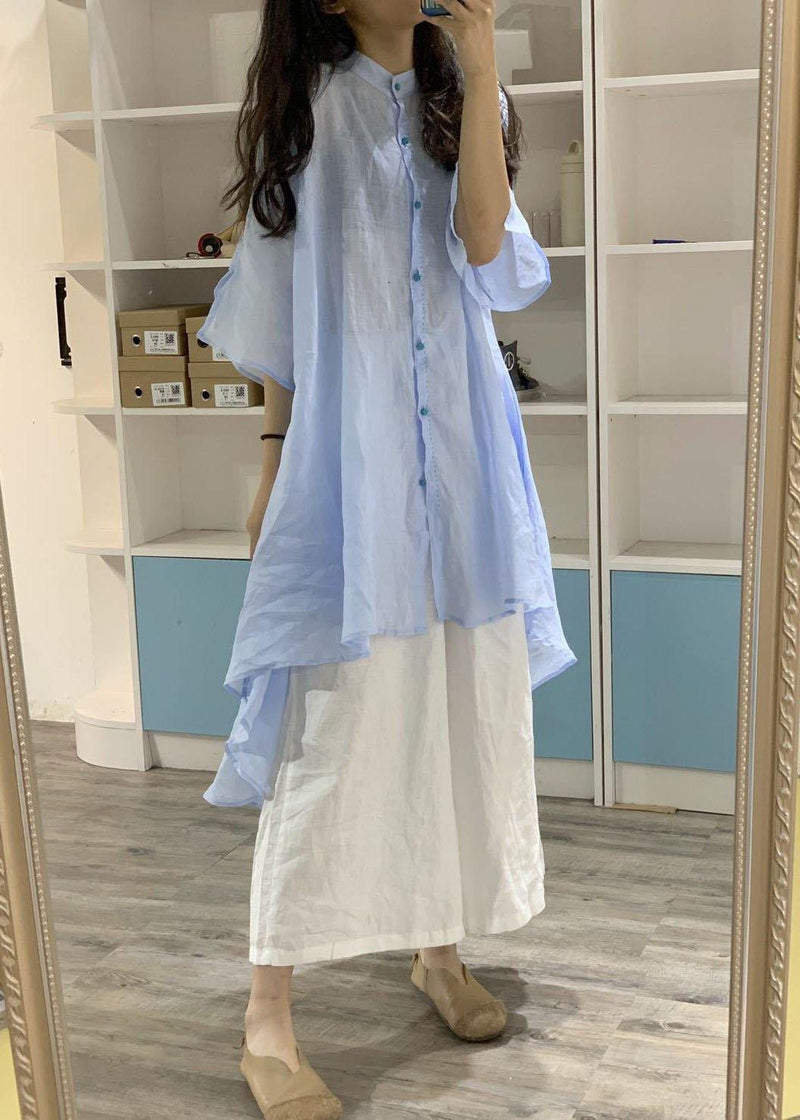 Unique Low High Design Linen Shirt Dress Catwalk Blue Dresses