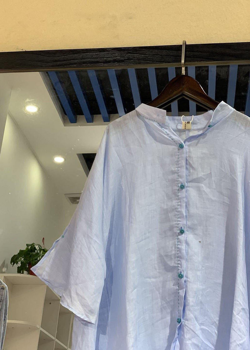 Unique Low High Design Linen Shirt Dress Catwalk Blue Dresses
