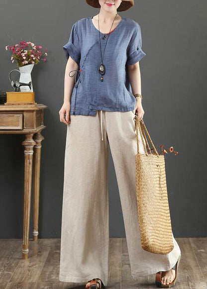 Unique Navy Linen Blouse O Neck Button Down Midi Tops