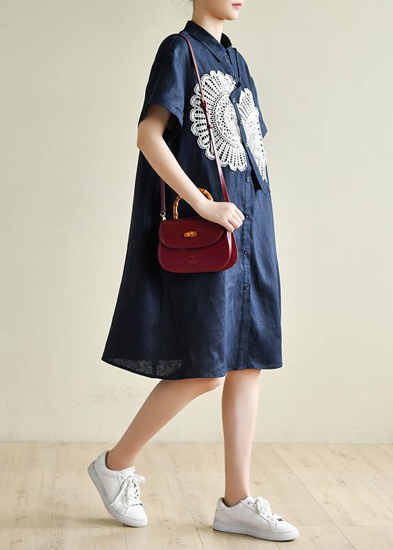 Unique Navy Tunic Dress O Neck Patchwork Lace Art Summer Dress