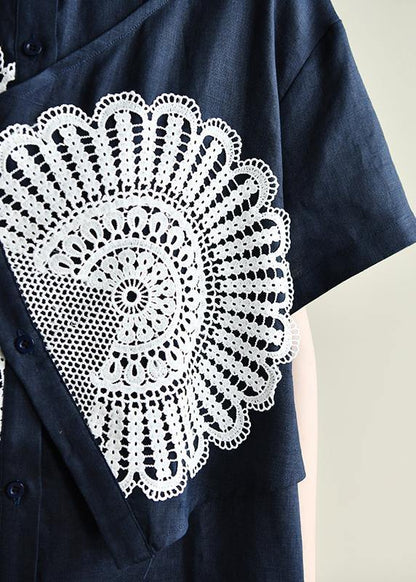 Unique Navy Tunic Dress O Neck Patchwork Lace Art Summer Dress