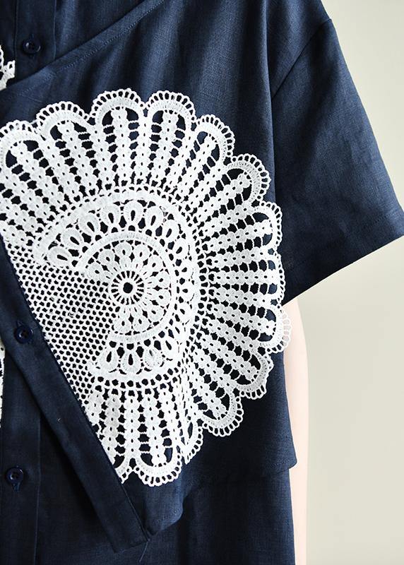 Unique Navy Tunic Dress O Neck Patchwork Lace Art Summer Dress
