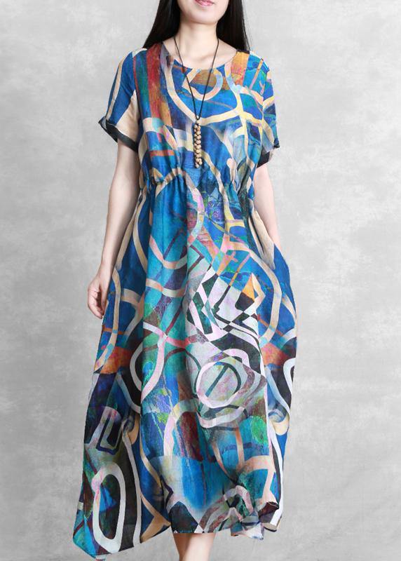 Unique O Neck Summer Quilting Clothes Ideas Blue Geometric Art Dress