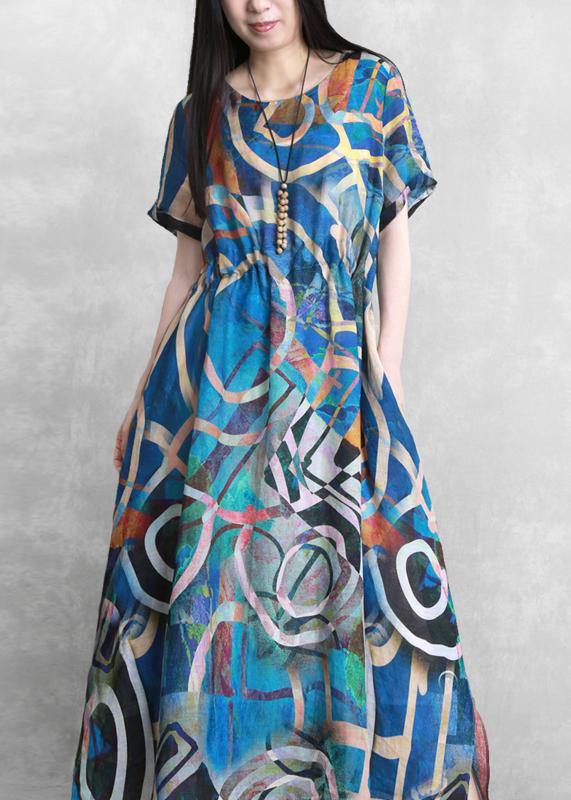 Unique O Neck Summer Quilting Clothes Ideas Blue Geometric Art Dress