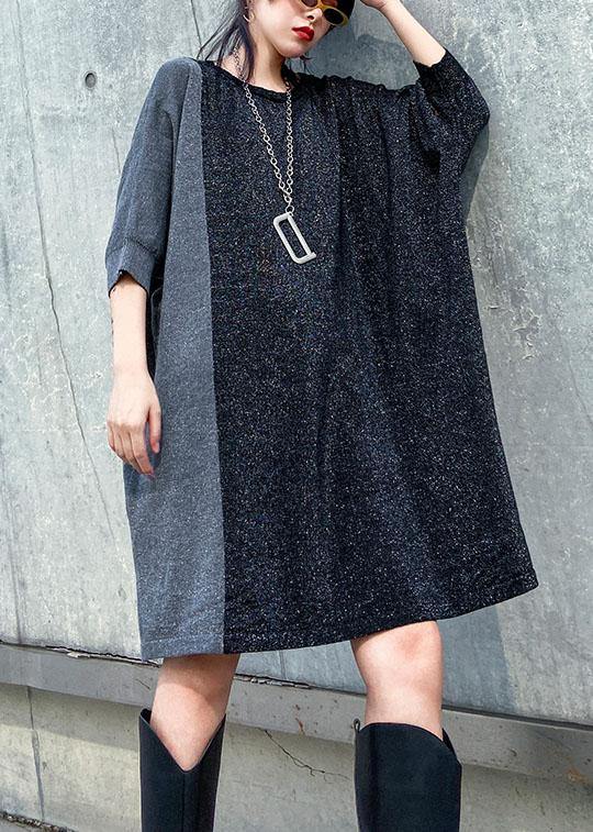 Unique O Neck Batwing Sleeve Cotton Tunic Pattern Black Dress