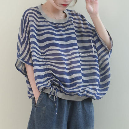 Unique O Neck Batwing Sleeve Linen Shirts Blue Striped Shirt