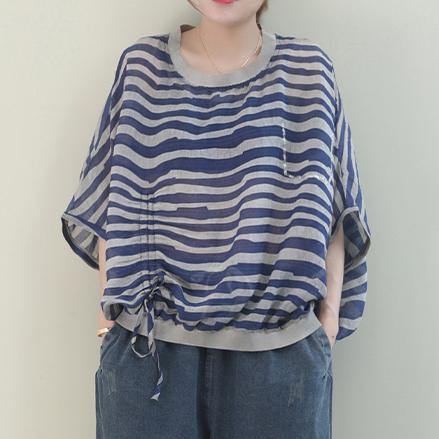 Unique O Neck Batwing Sleeve Linen Shirts Blue Striped Shirt