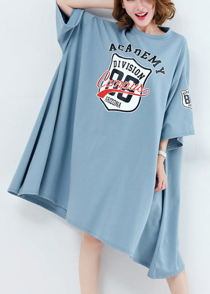 Unique O Neck Asymmetric Cotton Dresses Work Light Blue Midi Dresses Summer