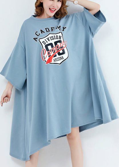Unique O Neck Asymmetric Cotton Dresses Work Light Blue Midi Dresses Summer