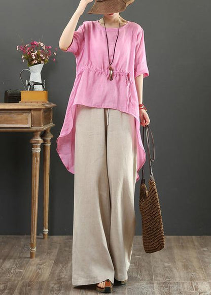 Unique O Neck Asymmetric Linen Tops Wardrobes Pink Top