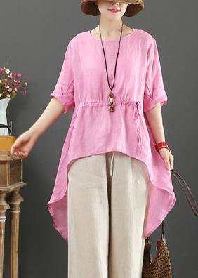Unique O Neck Asymmetric Linen Tops Wardrobes Pink Top