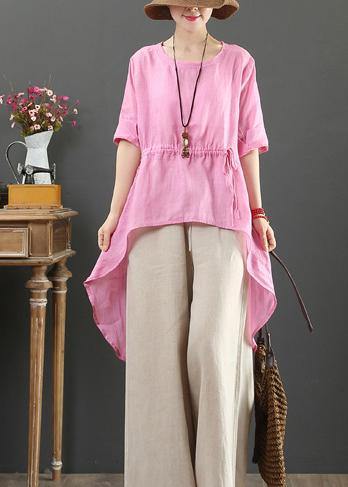 Unique O Neck Asymmetric Linen Tops Wardrobes Pink Top