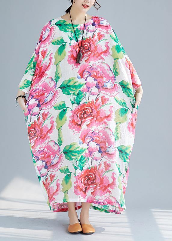Unique O Neck Batwing Sleeve Cotton Clothes Neckline Red Print Long Dress Summer
