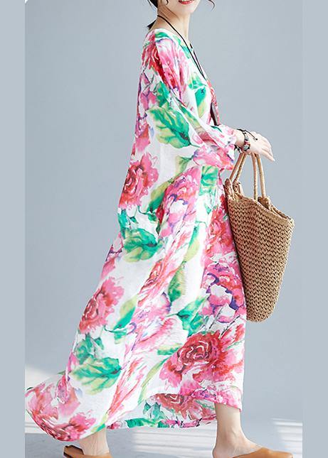Unique O Neck Batwing Sleeve Cotton Clothes Neckline Red Print Long Dress Summer