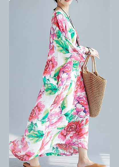 Unique O Neck Batwing Sleeve Cotton Clothes Neckline Red Print Long Dress Summer