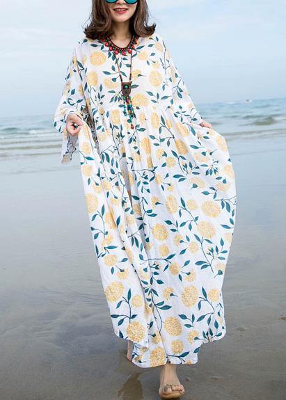 Unique O Neck Extra Large Hem Linen Dress Pattern White Print Dresses Summer